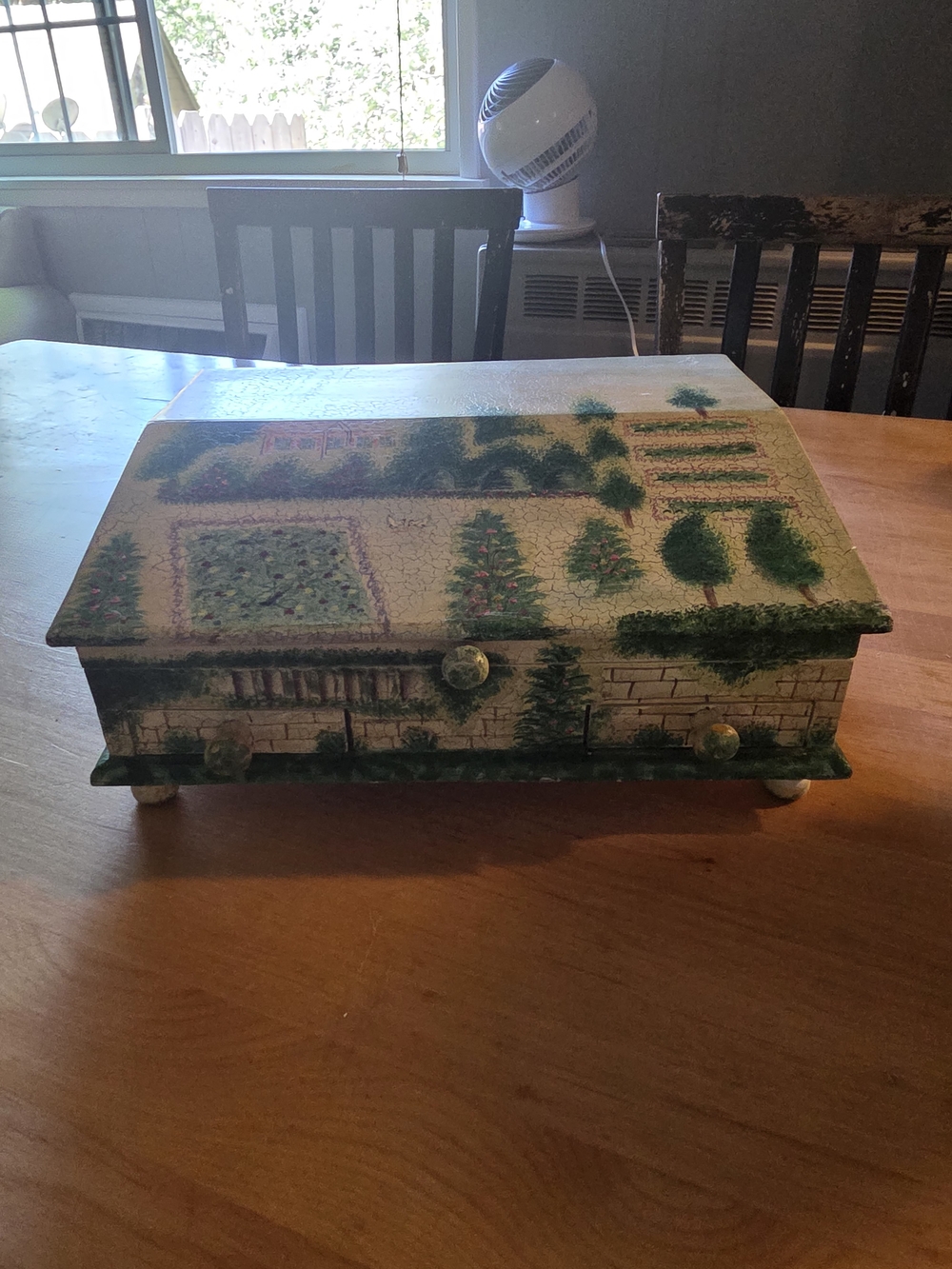 Vintage Hand-Painted Garden Motif Jewelry Box